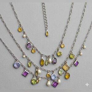 Boho silver tone 3 strand waterfall necklace Multicolored stone & faux pearl